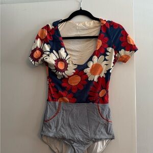 Seea Floral and Striped One Piece Swimsuit - Red, Blue, White